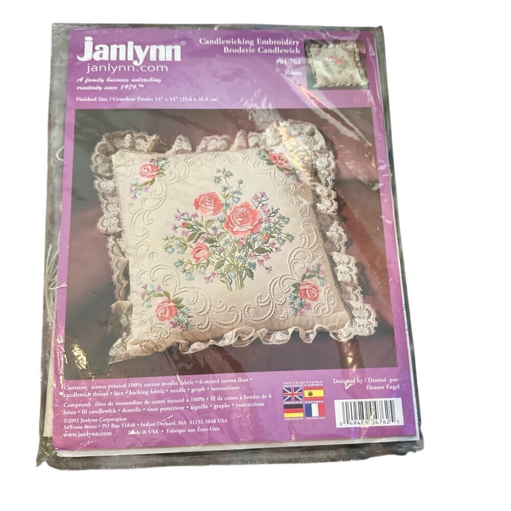 Vintage Janlynn Multicolor Stamped Beach Roses Embroidery Pillow Kit